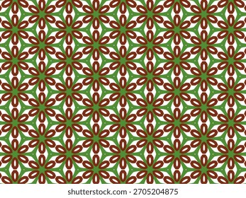 The image displays a seamless geometric pattern characterized by repeating interconnected floral or star like motifs The design features a distinctive color palette of deep maroon brownor reddish 