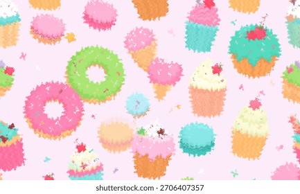 The image displays a seamless pattern of various desserts on a pale pink background. Confectionery shapes, including cupcakes, frosted doughnuts (pink and green), ice cream cones, and candies.