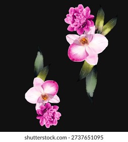 The image displays two clusters of flowers, featuring both orchids and a type of dense, multi-petaled flower, arranged against a black background. The two floral arrangements are positioned vertically, with one slightly higher and to the right, and the other lower and to the left, creating a balanced, elegant composition.