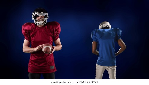 Image of diverse american football players over black background. global sport and fitness concept digitally generated image.