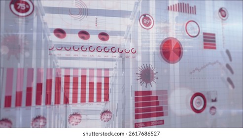 Image of diverse data and viruses over server room. data processing, computers, servers and technology concept digitally generated image.