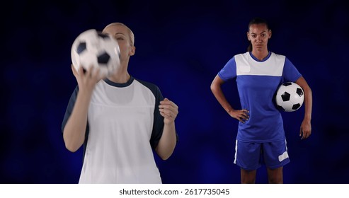 Image of diverse football players over black background. global sport and fitness concept digitally generated image.