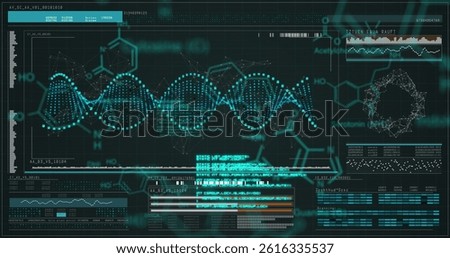 Image of dna, brain and scientific data processing over black background. science, human biology, technology and digital interface concept digitally generated image.