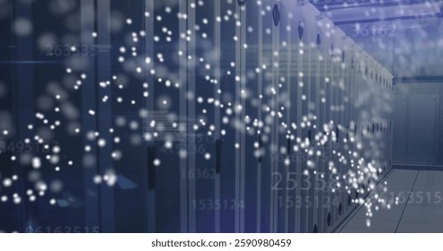 Image of dna strand and data processing over server room. Science and digital interface concept digitally generated image.