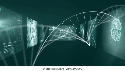 Image of dna strand over data processing on black background. Global science, medicine, computing and digital interface concept digitally generated image.