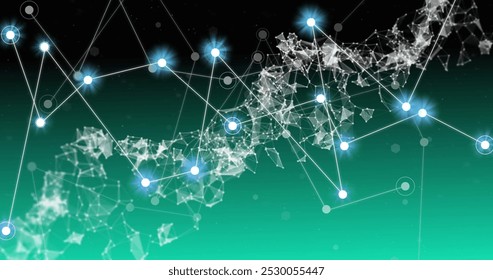 Image of dna strand over network of connections with glowing spots. Global science, research, connections, computing and data processing concept digitally generated image.