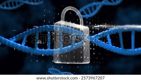 Image of dna strand, scientific data processing over padlock. Global cyber security, artificial intelligence, science, connections, computing and data processing concept digitally generated image.
