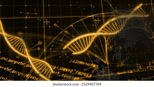 Image of dna strands over data processing. Global science, research, connections, computing and data processing concept digitally generated image.