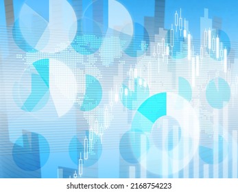 Image of dotted world map and pie chart bar graph stock chart 3D illustration