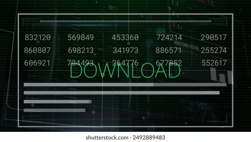 Image of download text, statistics and data processing. Global business, finances, computing and data processing concept digitally generated image.