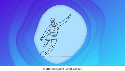 Image of drawing of male rugby player kicking ball and shapes on blue background. Global sport and abstract background concept digitally generated image. - Powered by Shutterstock