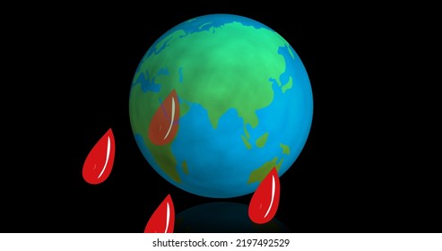 Image Of Drops Of Blood Over Glob. World Blood Donor Day Concept Digitally Generated Image.