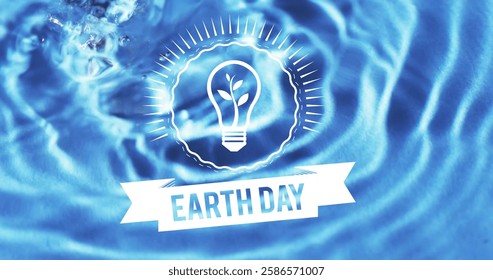 Image of earth day text and lightbulb on water background. Natural electricity, sustainability and climate change awareness concept digitally generated image.