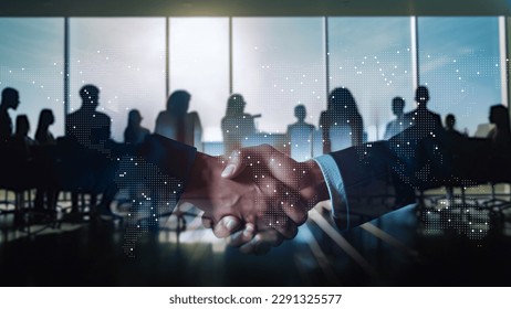 Image of elite who succeeded in global business in the digital world, with background of digital meetings and negotiations. - Powered by Shutterstock