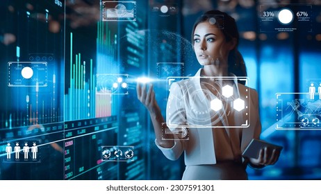 Image of elite who succeeded in global business in the digital world, with background of digital meetings and negotiations. - Powered by Shutterstock