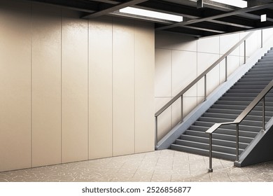 Image of an empty staircase in a modern subway station with a blank wall. The setting is clean, dark, and perfect for commercial displays. 3D Rendering