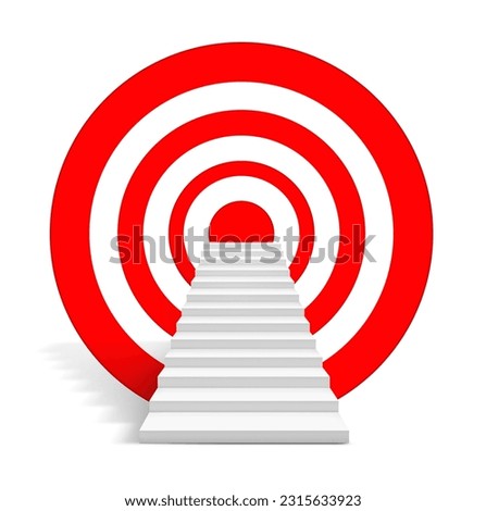 Image of empty stairs toward a red dartboard on white background