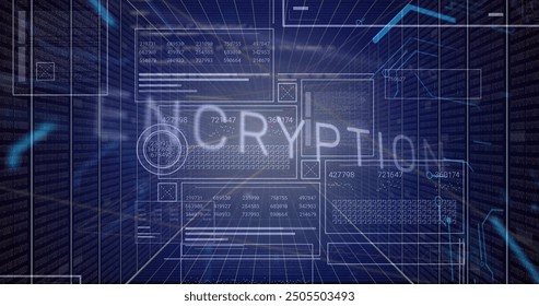 Image of encryption text and lights over data processing on interface screens. Connection, data, security, processing, digital interface and global communication, digitally generated image.