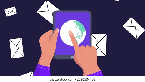 Image of envelopes over hands using tablet. Social media, travel and digital interface concept digitally generated image.