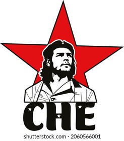 Image Of Ernesto Che Guevara With Red Star In The Background, Isolated On White Background.