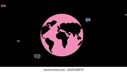 Image of falling hello text over pink globe on dark background. World hello day concept digitally generated image.