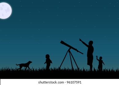 Image Of A Family Star Gazing Against A Night Sky.