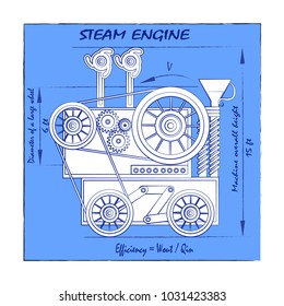 The Image Of A Fantastic Steam Engine, Stylized As A Drawing In A Dark Blue Pencil On A Light Blue Background