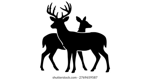 The image features a black silhouette of two deer standing together. They are positioned in the center of the frame against a solid, stark white background. The deer are layered, with one slightly in front of the other, creating a sense of companionship.