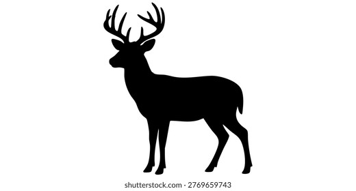 The image features a black silhouette of two deer standing together. They are positioned in the center of the frame against a solid, stark white background. The deer are layered, with one slightly in front of the other, creating a sense of companionship.