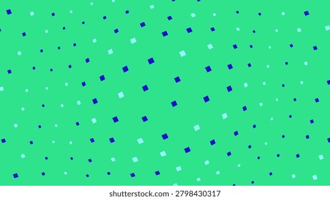 The image features a bright green background covered with numerous small, randomly scattered squares in different shades of blue and white, creating a dynamic and playful visual effect with varied squ