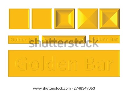The image features a collection of golden bars and shapes arranged in a structured layout. At the top, there are five square-shaped golden blocks, each with a different dimensional appearance, transitioning from flat to more three-dimensional with beveled edges and shading effects. Below these squares, there are two rectangular bars, both with embossed text reading "Golden Bar," emphasizing their metallic texture and engraved style.
