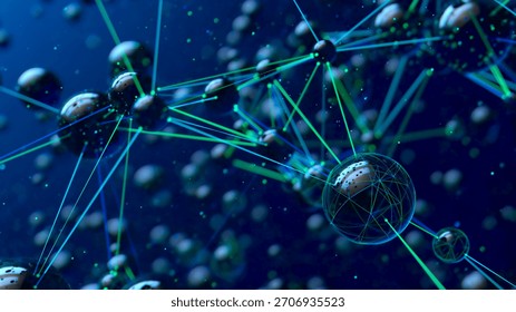 The image features a dark blue background with interconnected spheres of varying sizes linked by glowing lines, embodying themes of scientific connectivity and atomic complexity. 3D Illustration