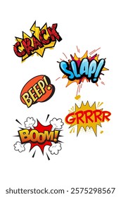 The image features five bold onomatopoeic words—CRACK, SLAP, BEEP, BOOM, and GRRRR—each uniquely styled with bright, contrasting colors and explosive comic effects.