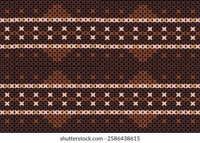 The image features a geometric pattern with a traditional or tribal-inspired design. It consists of repeating small “X” shapes arranged in a structured grid. The primary colors used are shades of brow