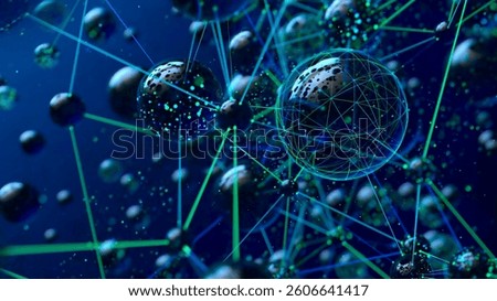 The image features glowing spheres interconnected by luminous lines against a deep blue backdrop, evoking a sense of molecular complexity and dynamic depth. High quality 3D render. 3D Illustration