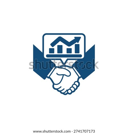 The image features a handshake with a house graph icon above it, symbolizing business partnership and real estate agreements. The design is simple, clean, and professional, with a flat, two-dimensional style. The image is isolated on a white background, making it versatile for various commercial uses, such as presentations, websites, and marketing materials.