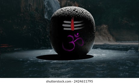 The image features a large black rock with lord Shiva's symbol Om, Shiva Lingam, Shiva Linga, Waterfall, River, hill, tree
