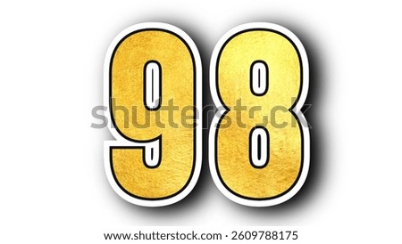 The image  features the number 98 in bold, shiny gold text with a textured, metallic appearance. The digits have a white and black outline with a soft drop shadow, giving them a 3D, white background.