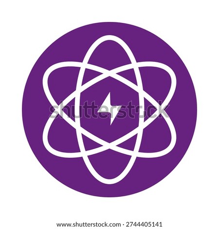 The image features a purple circle with a white atom symbol at its center. The atom symbol consists of three interconnected ovals, representing the atomic nucleus and electron orbits. Inside the atom symbol, there is a white lightning bolt, indicating energy or power.