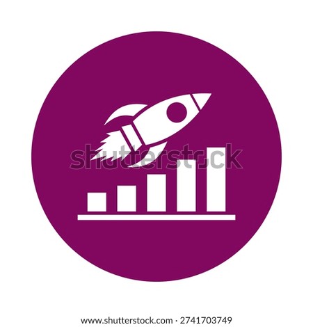 The image features a purple circular icon with a white rocket and a bar chart inside. The rocket is depicted as if it is launching upwards, with flames trailing behind it. The bar chart consists of three bars, with the tallest bar on the right. The icon is isolated on a white background, making it stand out clearly. This image could be used to represent growth, progress, or success in a business or technological context.
