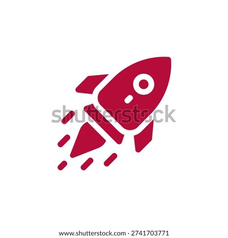 The image features a red rocket ship icon with a sleek, modern design. The rocket is depicted in a dynamic, upward trajectory, with a trail of fire and smoke emanating from its base, suggesting motion and speed. The visual style is clean and minimalistic, with a focus on simplicity and clarity. The rocket ship is isolated on a white background, making it stand out prominently. This high-quality JPG image is suitable for commercial use and can be easily incorporated into various design projects.