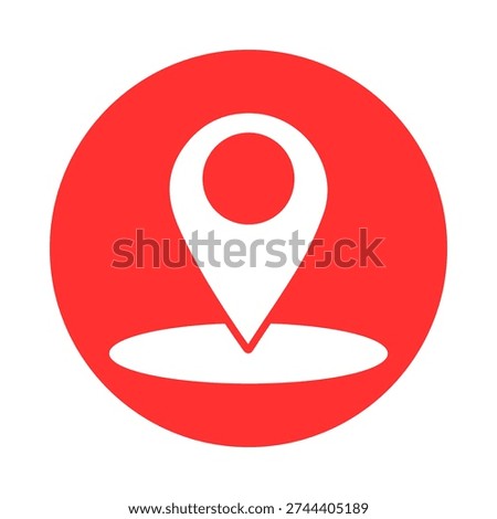 The image features a solid red circle with a white location pin icon prominently displayed in the center. The pin has a small red dot at the top and a larger white circle at the bottom.