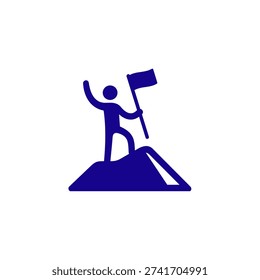 The image features a stylized figure standing atop a mountain peak, holding a flag aloft. The visual style is simple and iconic, using a solid blue color for the figure and mountain against a clean, uncluttered white background. The design is minimalistic, focusing on the main subject without any additional distractions. The image is isolated on a white background, making it versatile for various commercial uses.