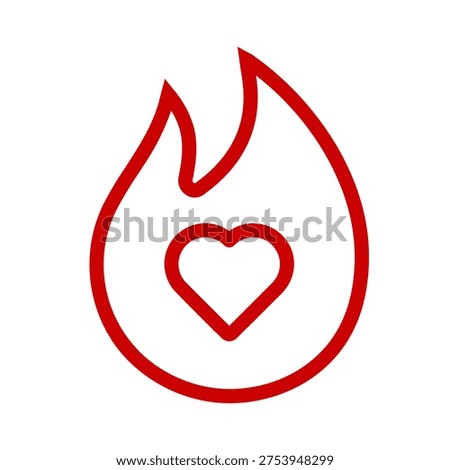 The image features a stylized heart shape outlined in red, with a flame-like design extending from the top, symbolizing passion, love, and intensity. The heart is centrally placed within the flame, creating a dynamic and eye-catching visual effect.
