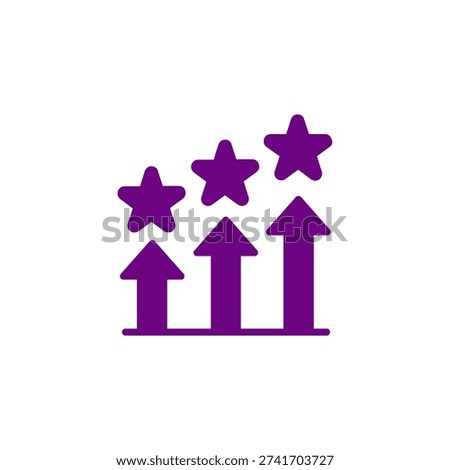 The image features three purple arrows pointing upwards, each with a star at the tip. The arrows are evenly spaced and have a flat, two-dimensional design. The color is a rich, solid purple, and the overall style is clean and modern. The image is isolated on a white background, making the purple arrows stand out prominently. This design could be used to symbolize growth, achievement, or success.