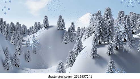 The image features a winter landscape with trees covered in snow against a black background. Snowflakes are seen falling and accumulating on the ground. Christmas decorations are also featured, with - Powered by Shutterstock