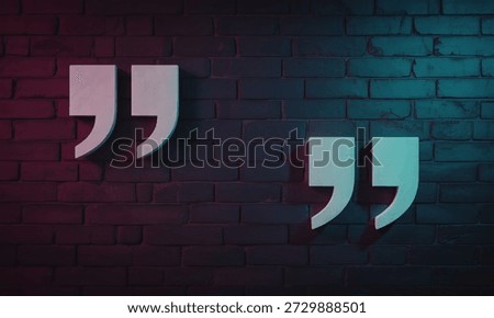 An image featuring quotation marks projected on a brick wall with a gradient background transitioning from purple to blue.