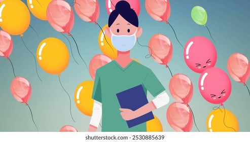 Image of female doctor wearing face mask over balloons. medical and healthcare services during coronavirus covid 19 pandemic concept digitally generated image. - Powered by Shutterstock