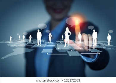 Image of female touching virtual icon of social network - Shutterstock ID 128172053