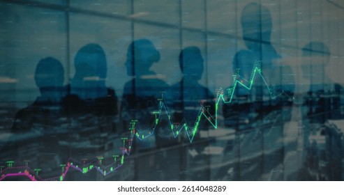 Image of financial data and graphs over cityscape and people silhouettes. global finance, economy, business and technology concept digitally generated image.